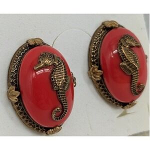 Coral Cabochon Seahorse Clip On Earrings Red Brass Nautical Coastal Statement